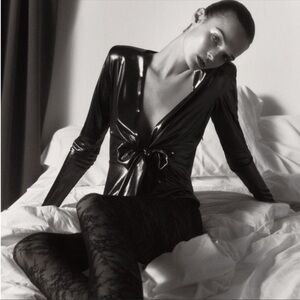 New Zara | Metalic Silver Drop V Neck Long Sleeve Bodysuit